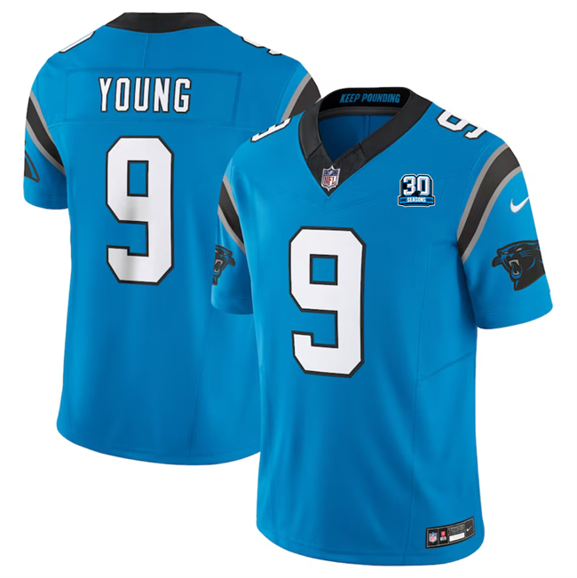 Men's Carolina Panthers #9 Bryce Young Blue 2024 30th Anniversary Patch F.U.S.E. Vapor Limited Football Stitched Jersey